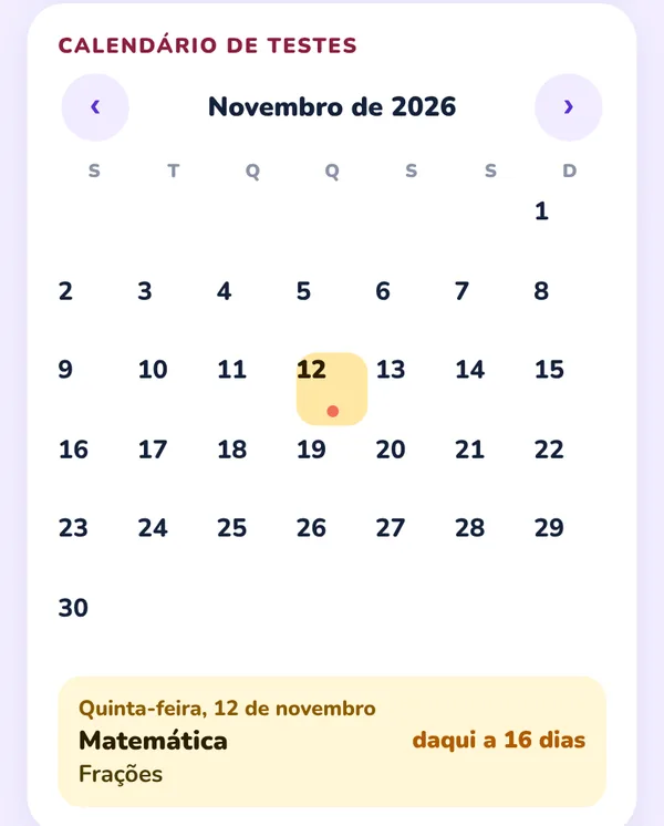 Calendário de testes