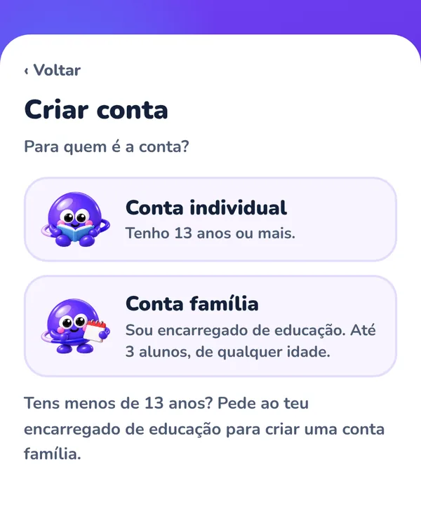 Ecrã Criar conta