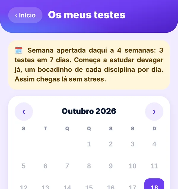 Ecrã Os meus testes
